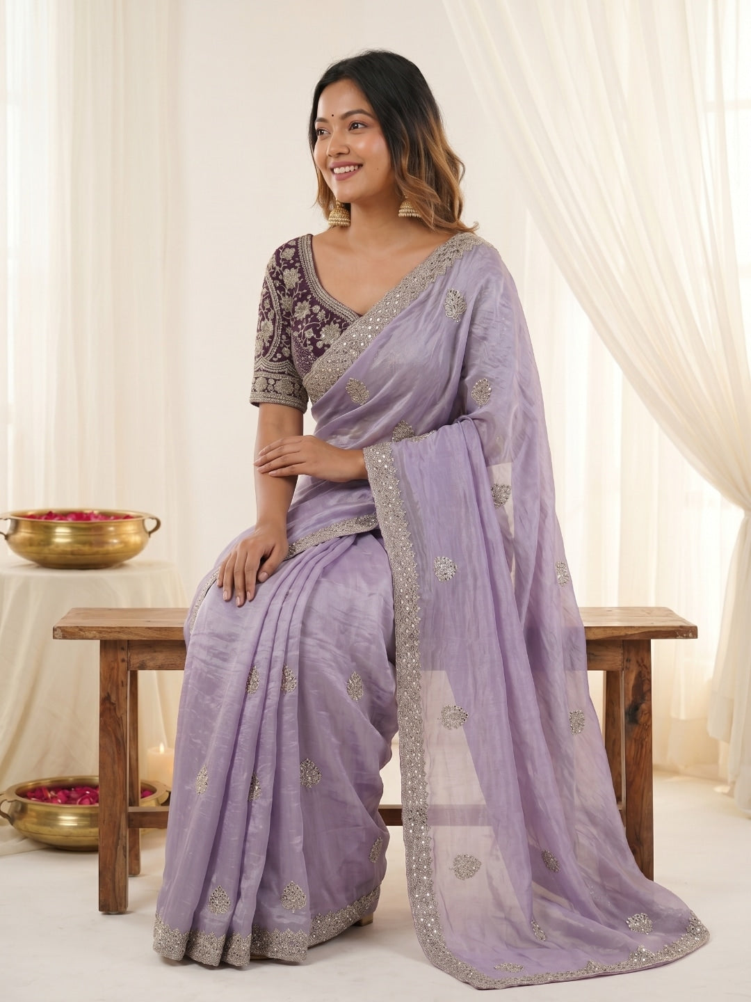Peachmode Lavender Fandy Satin C-Pallu Embroidered Saree with Sequence Cut Work Border - Image 3