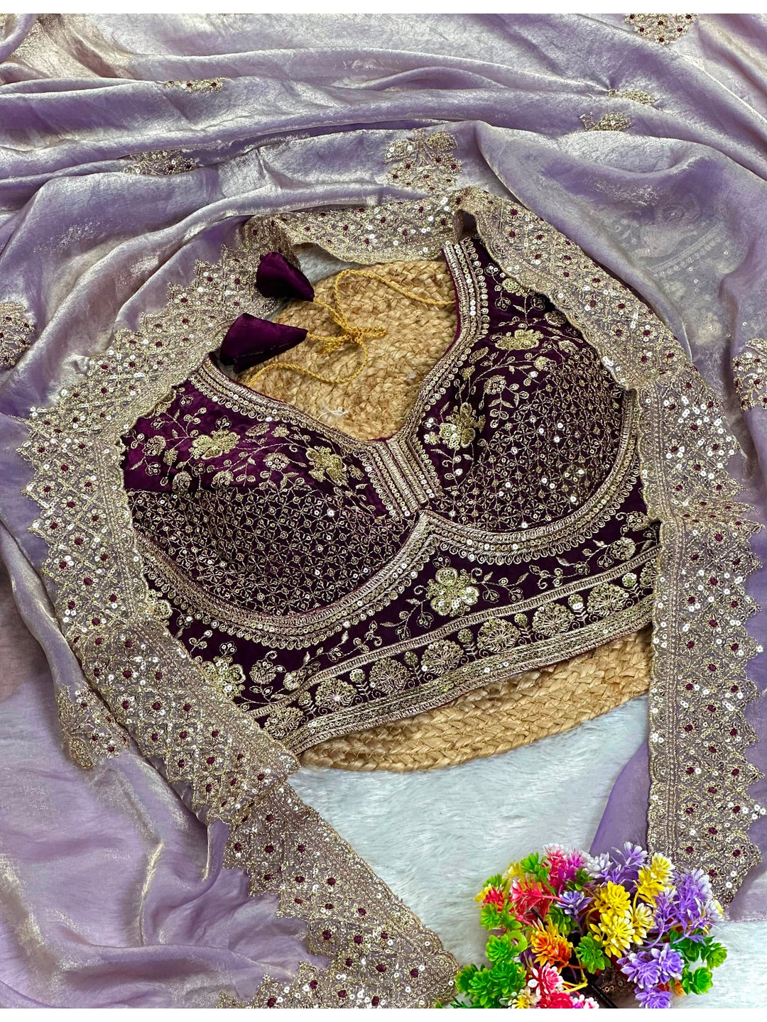 Peachmode Lavender Fandy Satin C-Pallu Embroidered Saree with Sequence Cut Work Border - Image 6