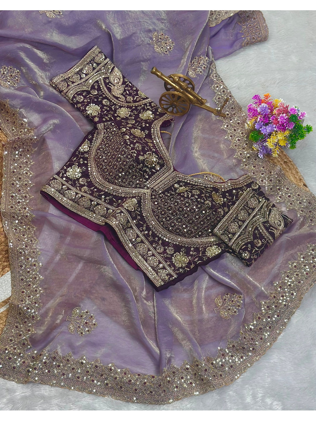 Peachmode Lavender Fandy Satin C-Pallu Embroidered Saree with Sequence Cut Work Border - Image 7
