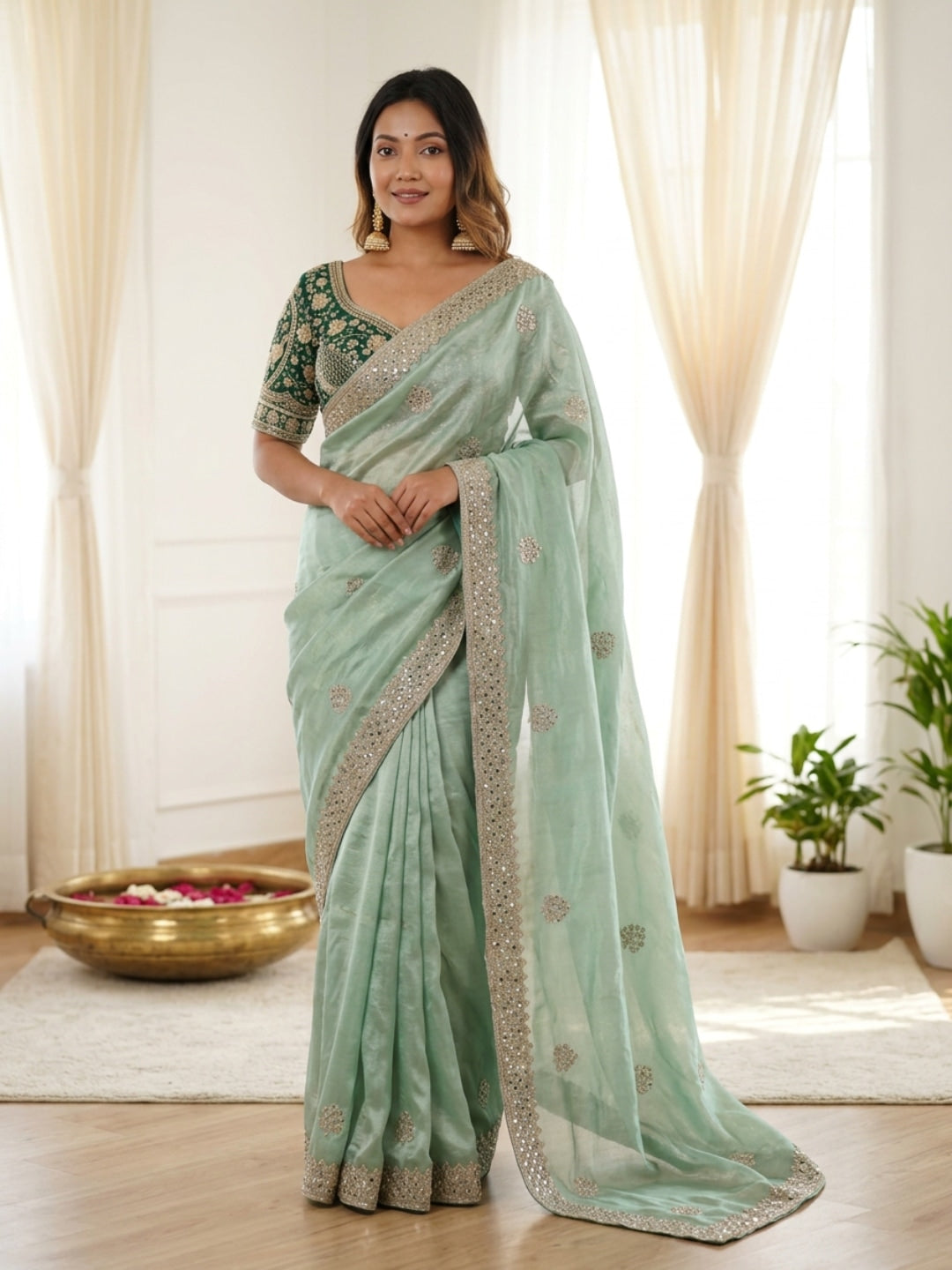 Peachmode Sea Green Fandy Satin C-Pallu Embroidered Saree with Sequence Cut Work Border - Image 1