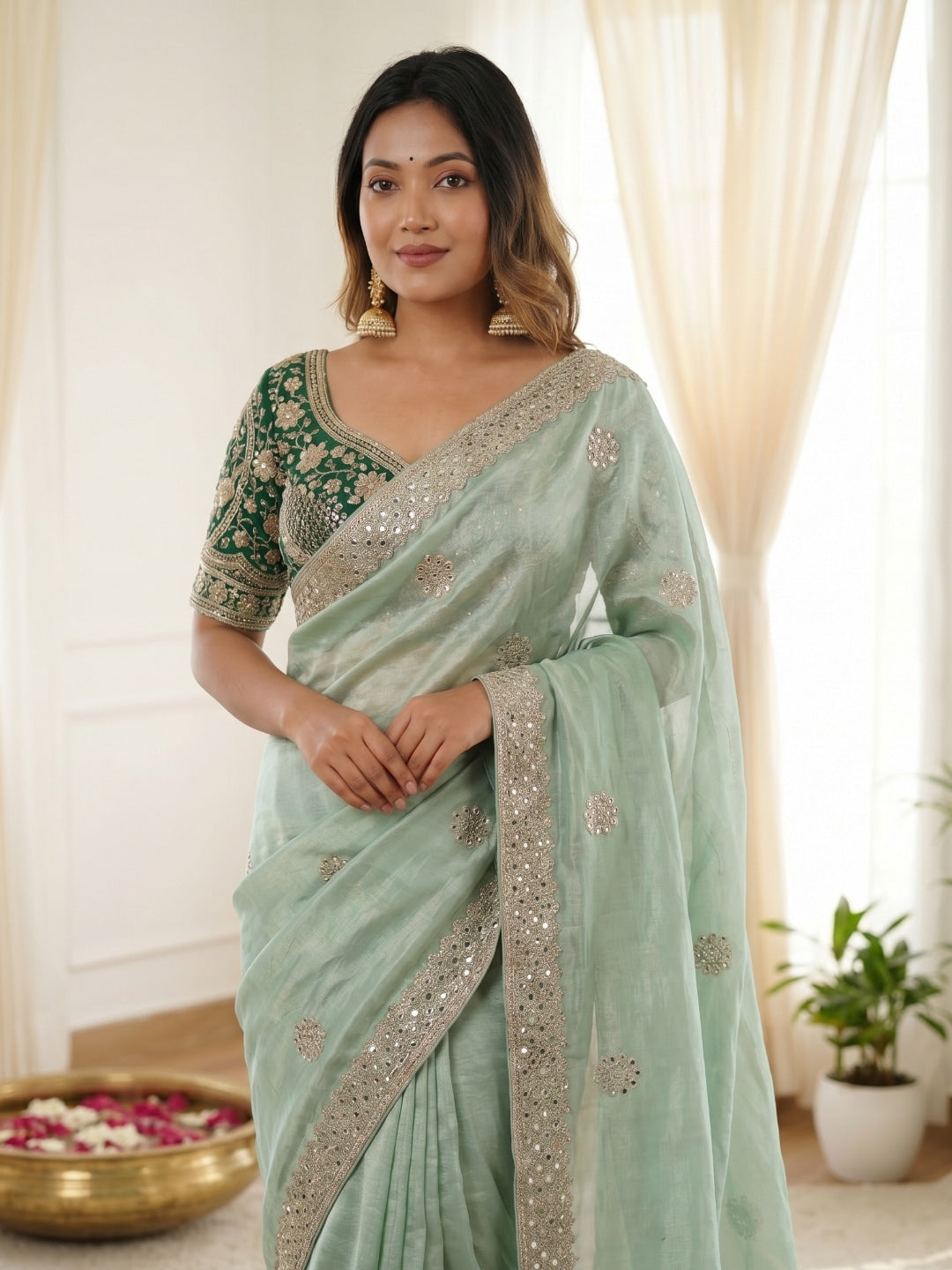 Peachmode Sea Green Fandy Satin C-Pallu Embroidered Saree with Sequence Cut Work Border - Image 3