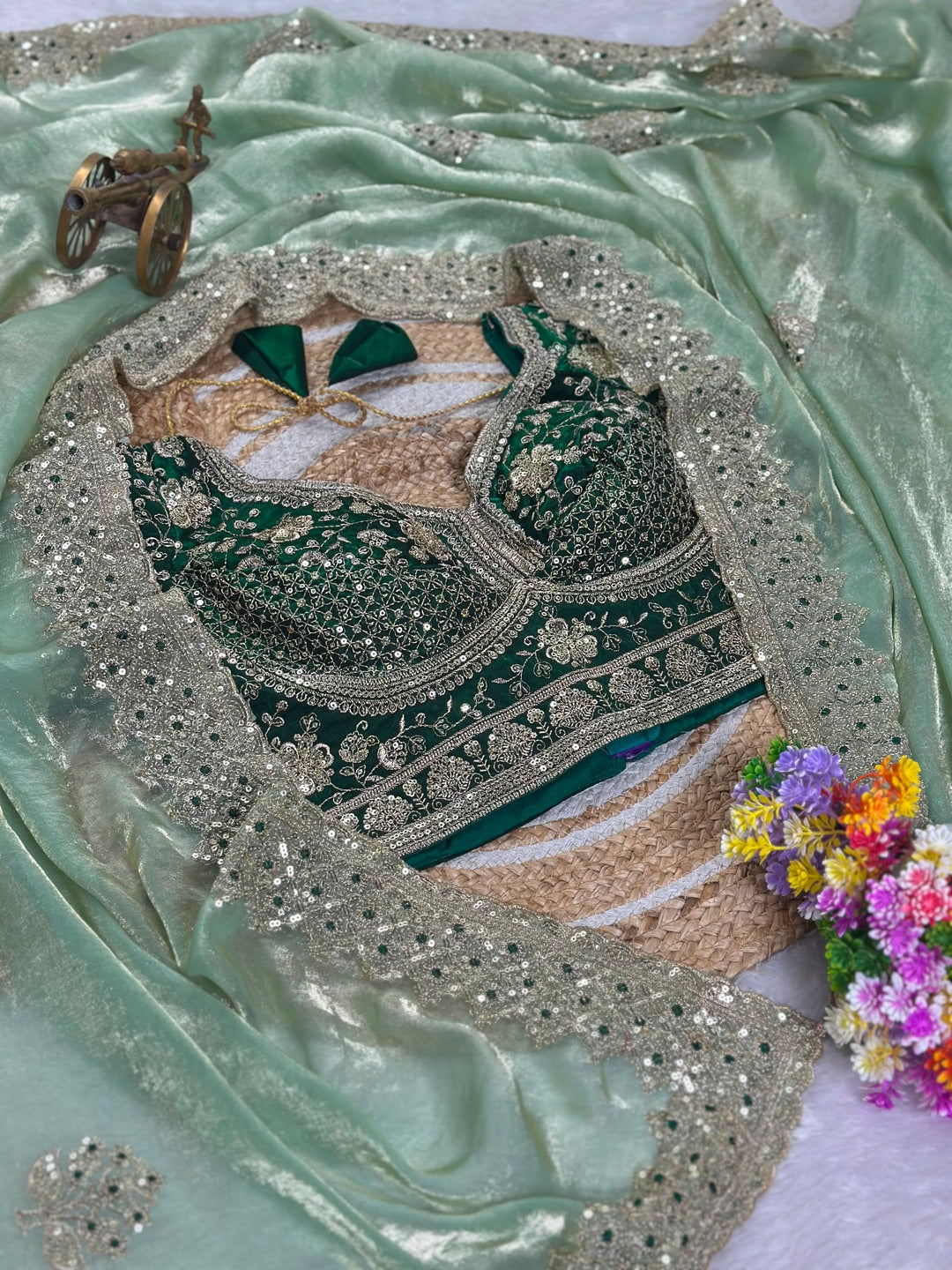 Peachmode Sea Green Fandy Satin C-Pallu Embroidered Saree with Sequence Cut Work Border - Image 5
