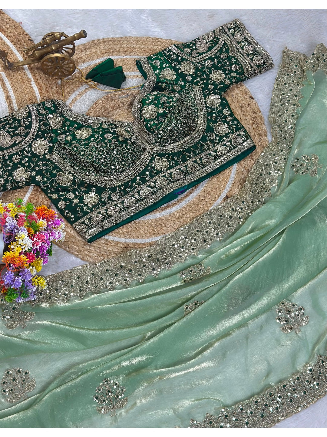 Peachmode Sea Green Fandy Satin C-Pallu Embroidered Saree with Sequence Cut Work Border - Image 6