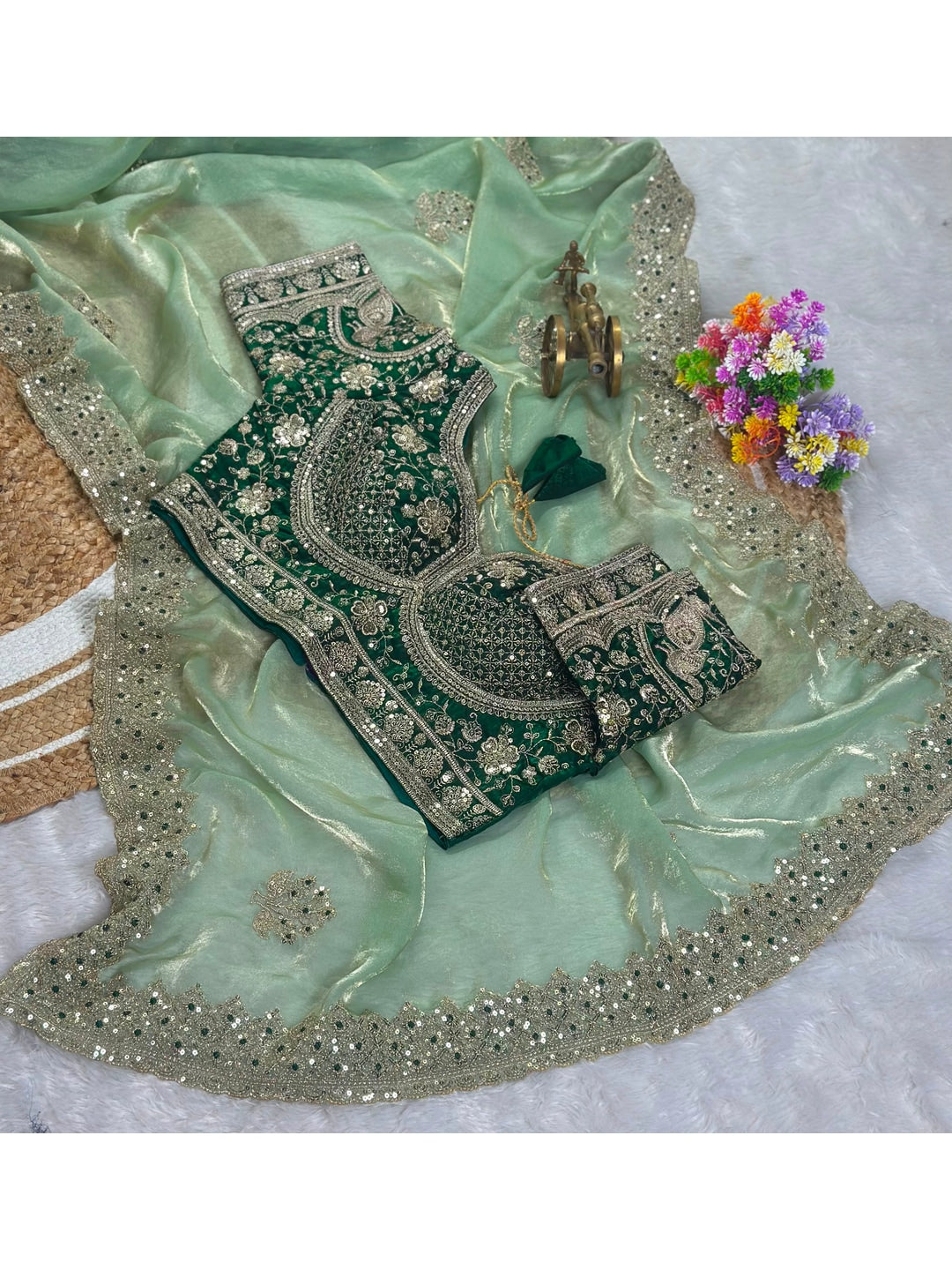 Peachmode Sea Green Fandy Satin C-Pallu Embroidered Saree with Sequence Cut Work Border - Image 7
