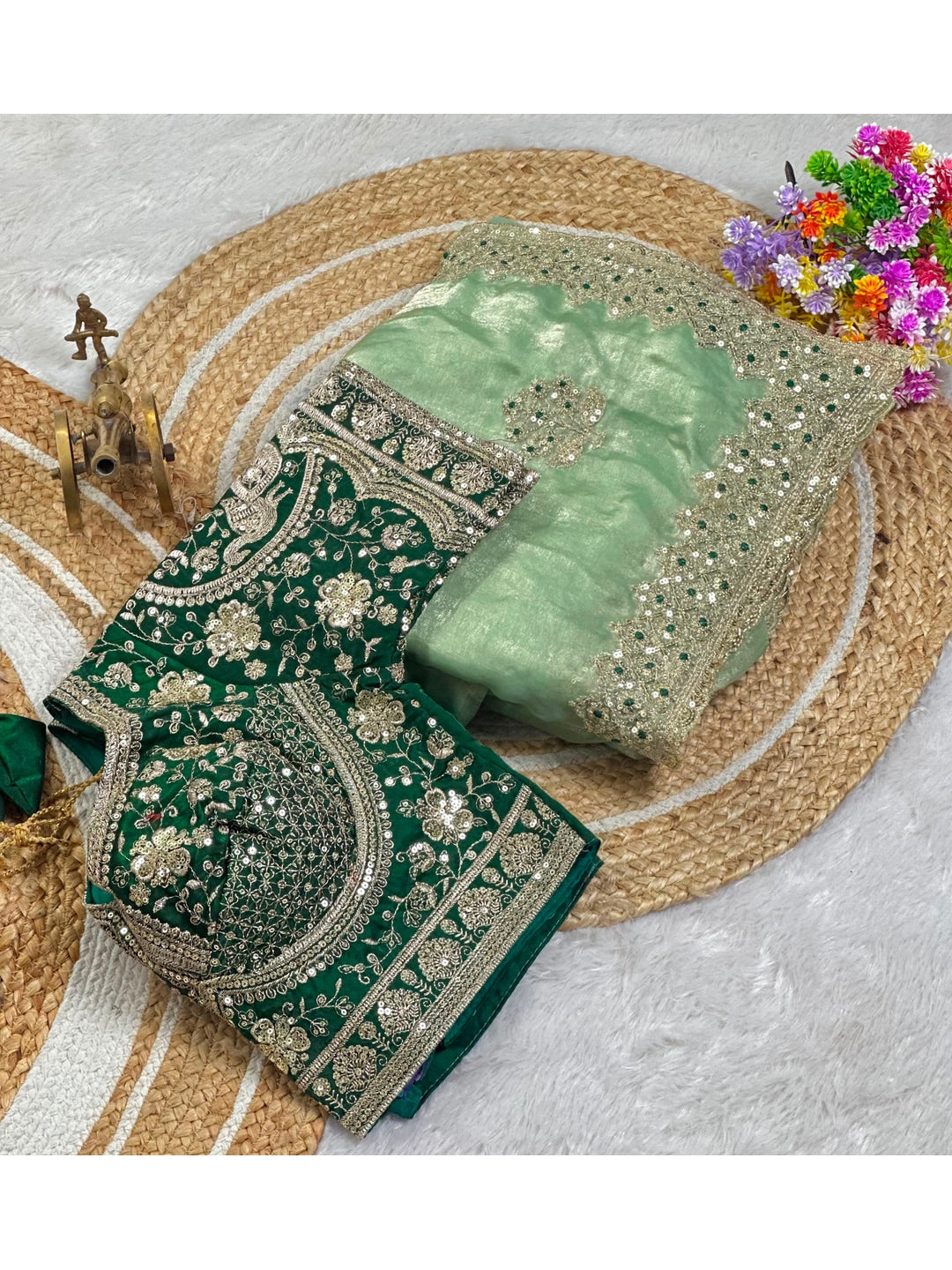 Peachmode Sea Green Fandy Satin C-Pallu Embroidered Saree with Sequence Cut Work Border - Image 8