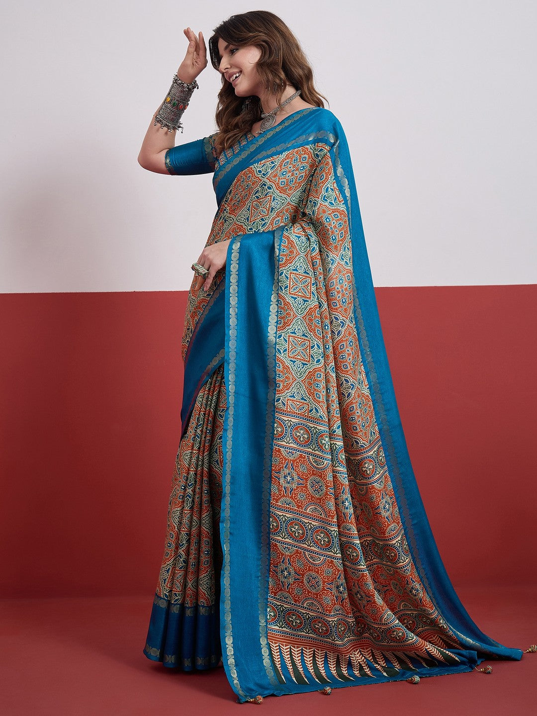 Peachmode Blue Semi Modal Saree with Mirror Work - Image 4