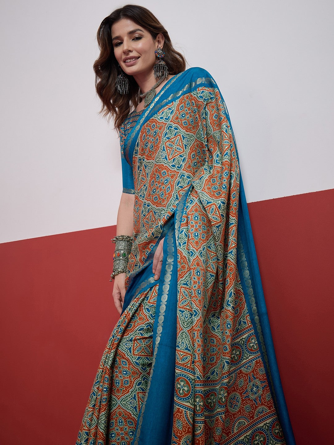 Peachmode Blue Semi Modal Saree with Mirror Work - Image 6