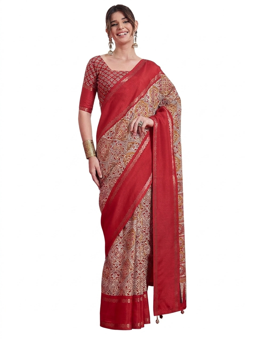 Peachmode Red Semi Modal Saree with Mirror Work - Image 9
