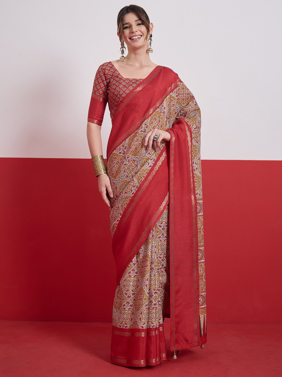 Peachmode Red Semi Modal Saree with Mirror Work - Image 1