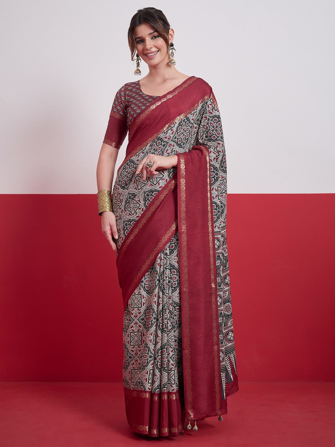Peachmode Red Semi Modal Saree with Mirror Work - Image 1