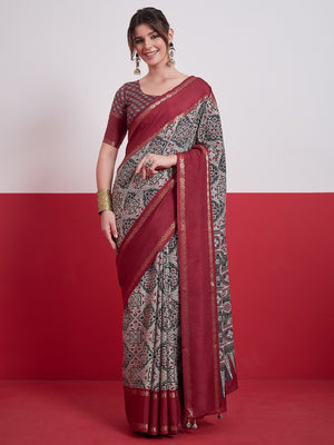 Peachmode Red Semi Modal Saree with Mirror Work - Image 1