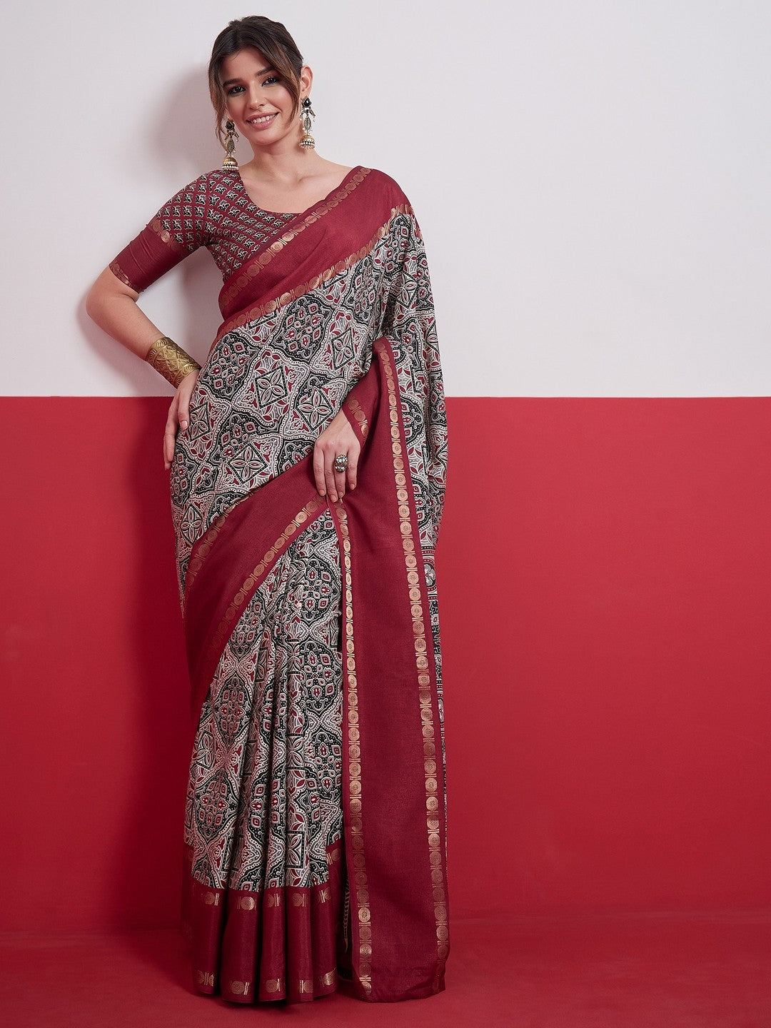 Peachmode Red Semi Modal Saree with Mirror Work - Image 6