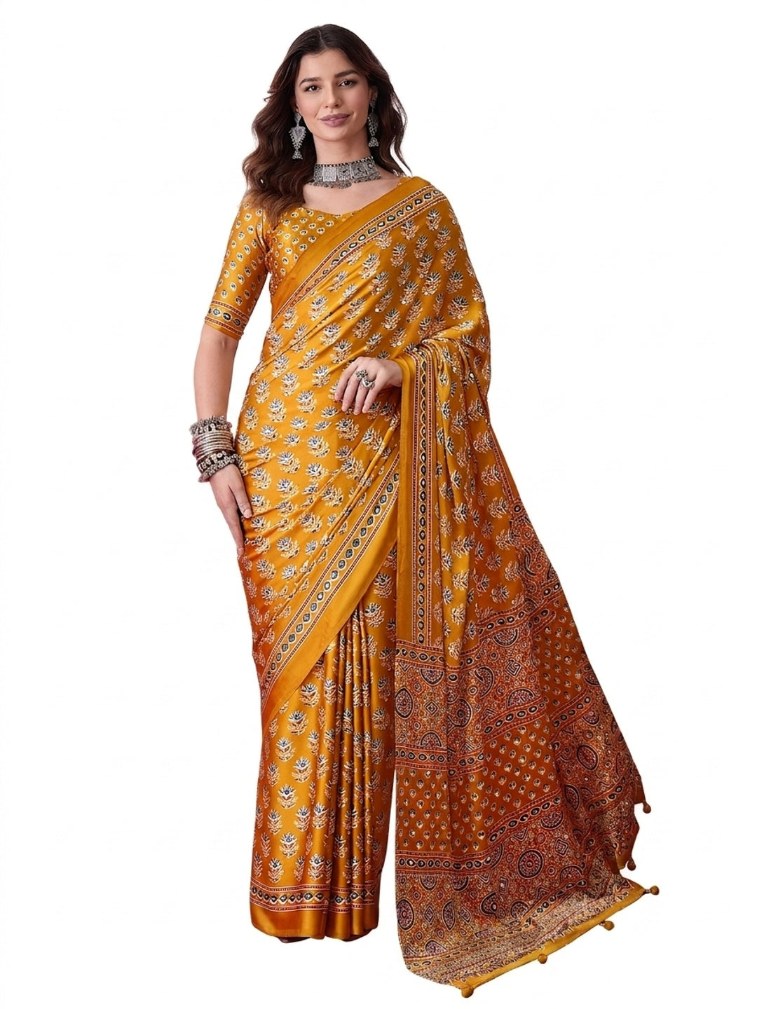 Peachmode Yellow Semi Modal Saree with Mirror Work - Image 9