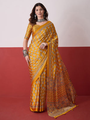 Peachmode Yellow Semi Modal Saree with Mirror Work - Image 1
