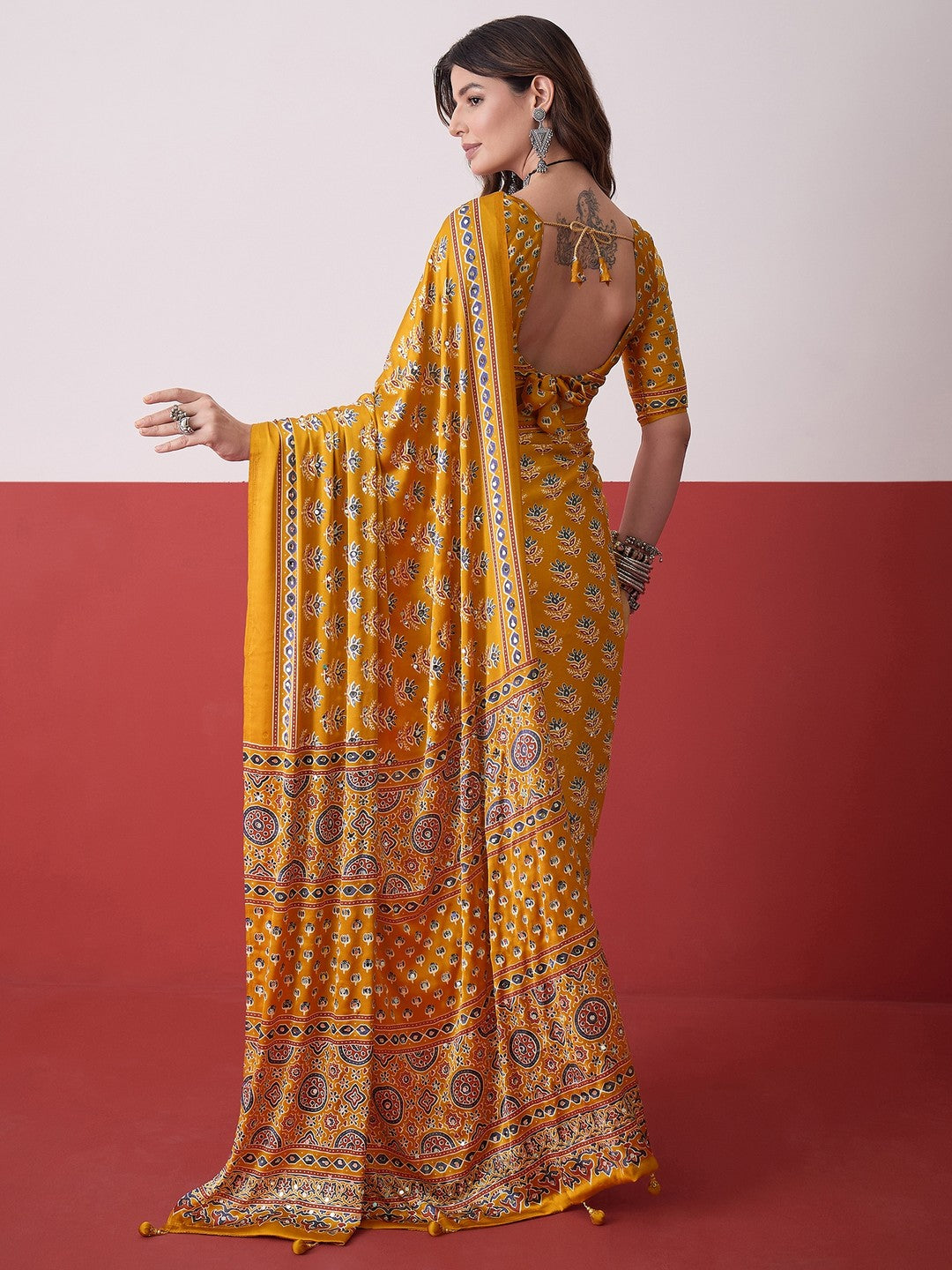 Peachmode Yellow Semi Modal Saree with Mirror Work - Image 3