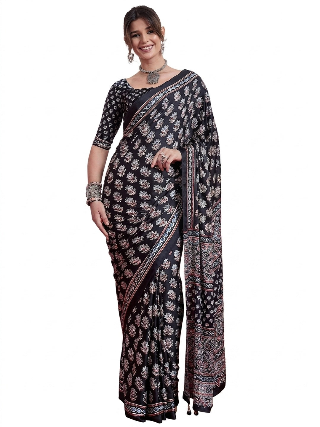 Peachmode Black Semi Modal Saree with Mirror Work - Image 9