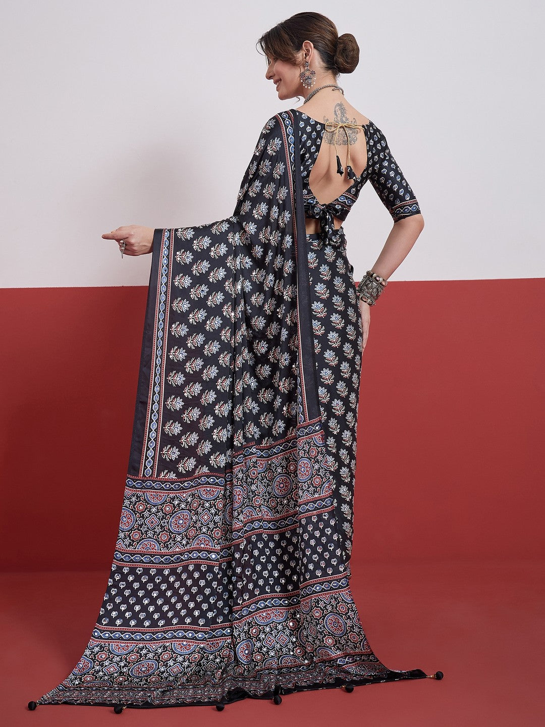 Peachmode Black Semi Modal Saree with Mirror Work - Image 3