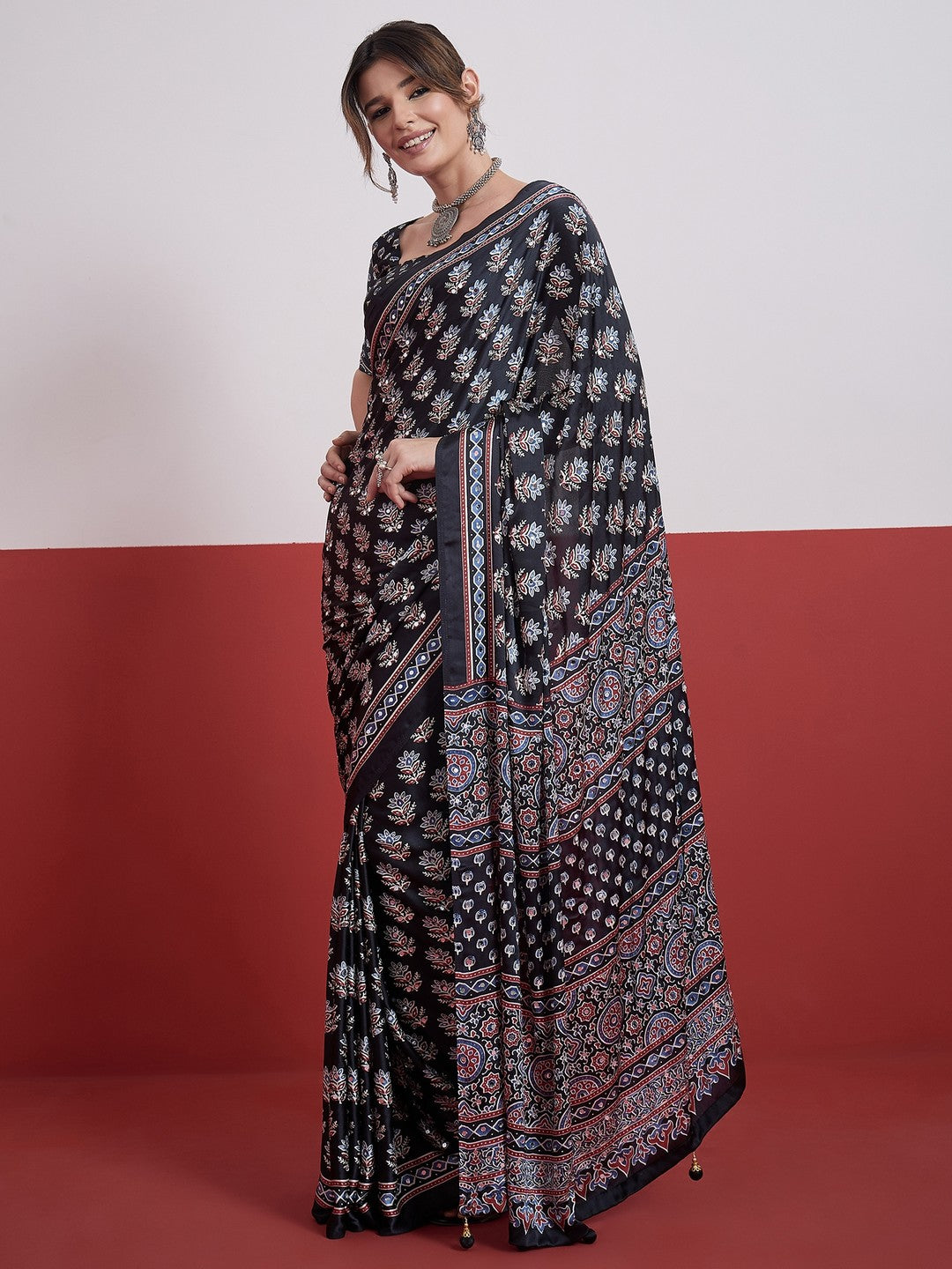 Peachmode Black Semi Modal Saree with Mirror Work - Image 4
