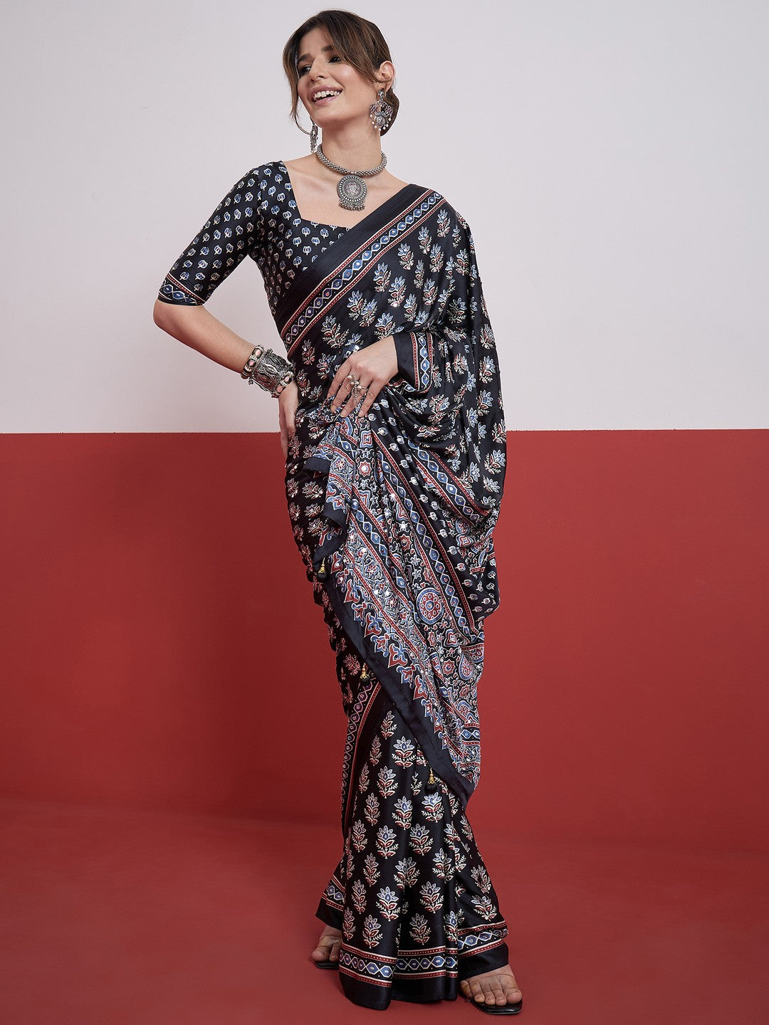 Peachmode Black Semi Modal Saree with Mirror Work - Image 5
