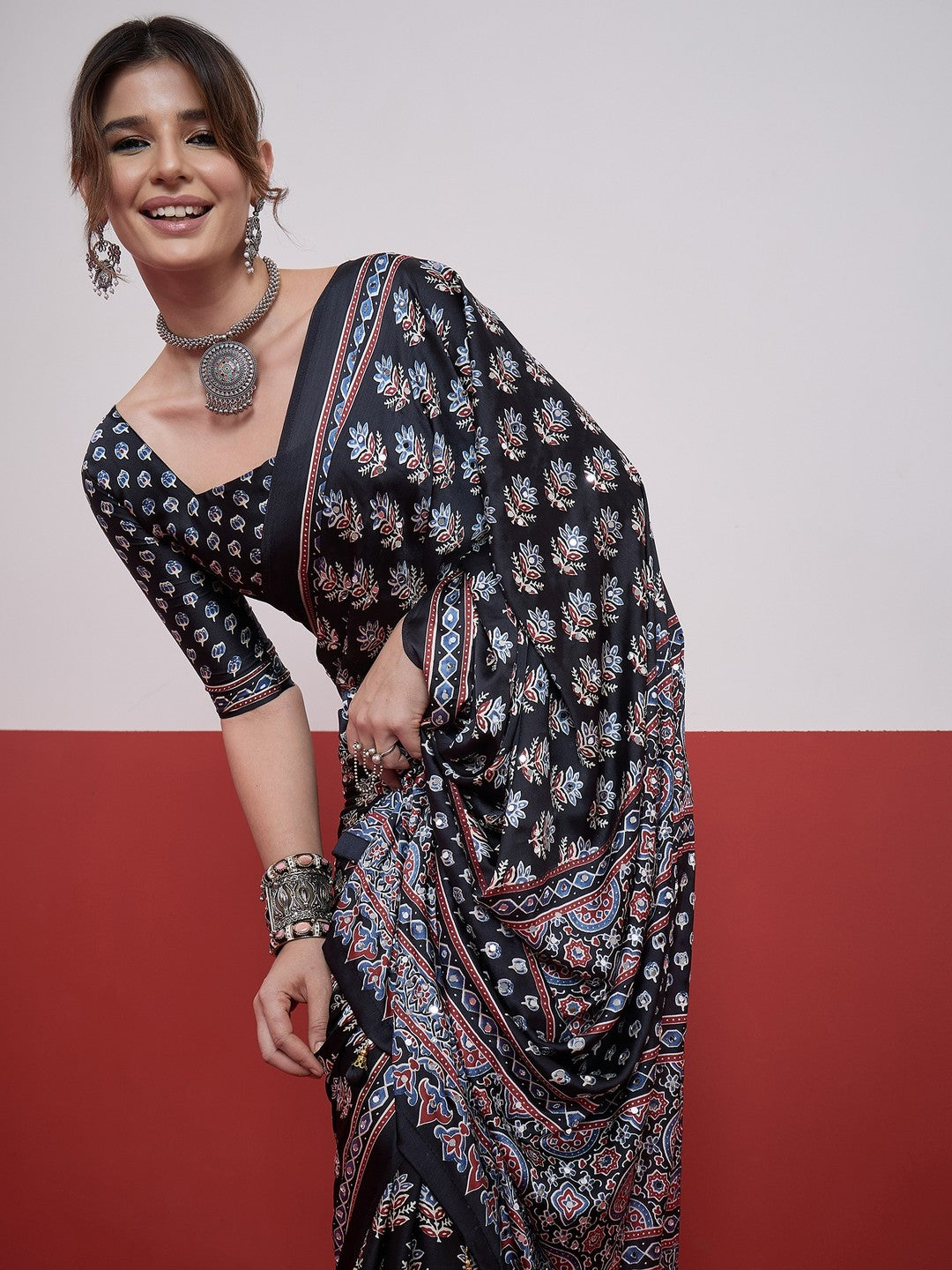 Peachmode Black Semi Modal Saree with Mirror Work - Image 6