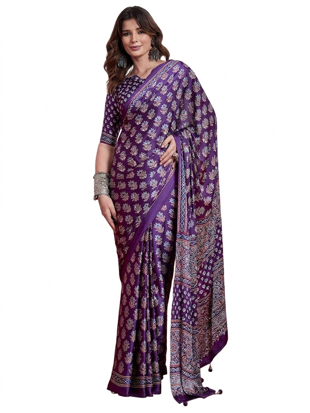 Peachmode Purple Semi Modal Saree with Mirror Work - Image 9