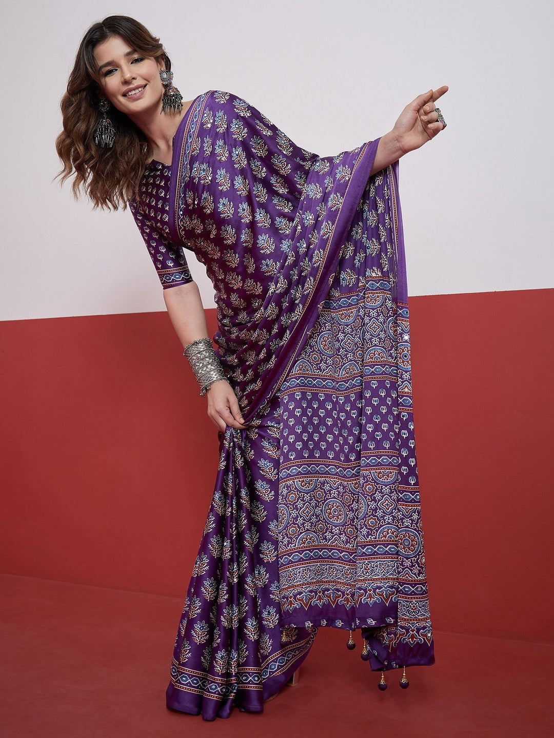 Peachmode Purple Semi Modal Saree with Mirror Work - Image 5