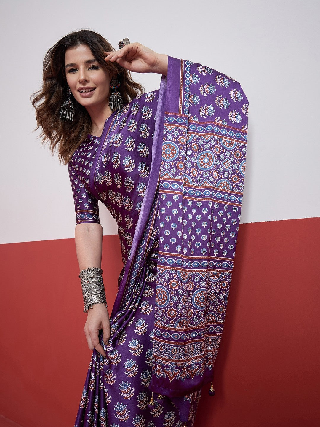 Peachmode Purple Semi Modal Saree with Mirror Work - Image 6