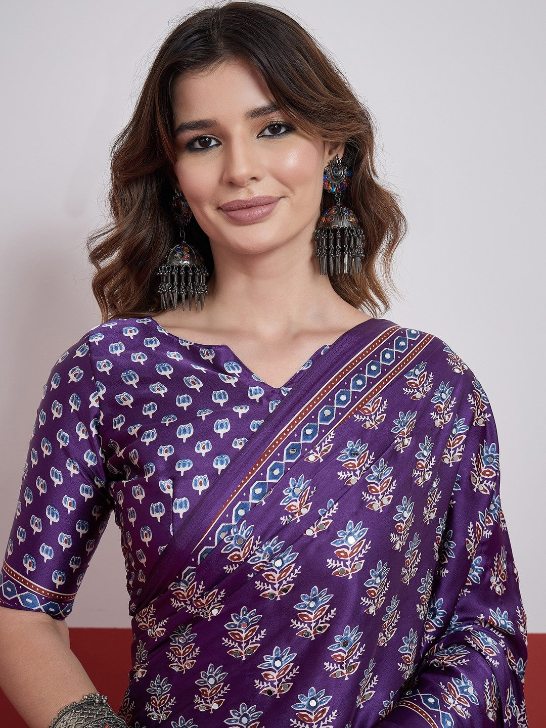 Peachmode Purple Semi Modal Saree with Mirror Work - Image 7