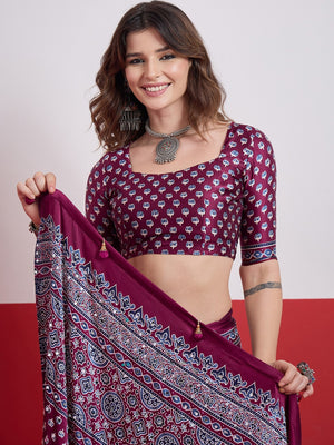 Peachmode Wine Semi Modal Saree with Mirror Work - Image 2