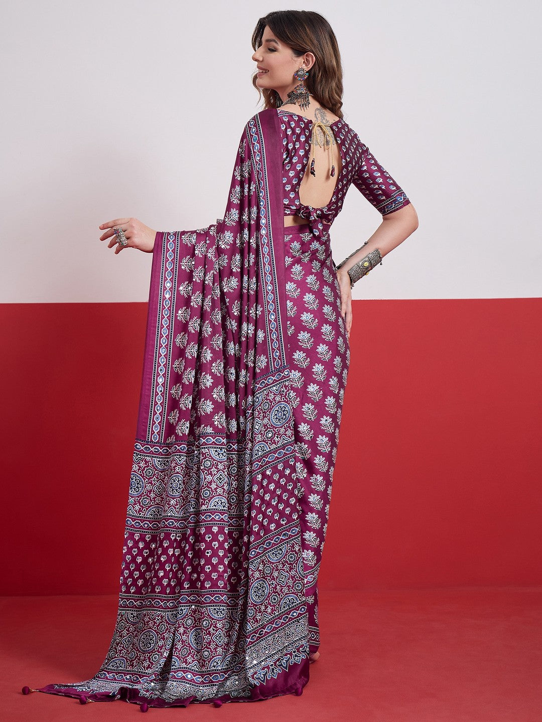 Peachmode Wine Semi Modal Saree with Mirror Work - Image 3