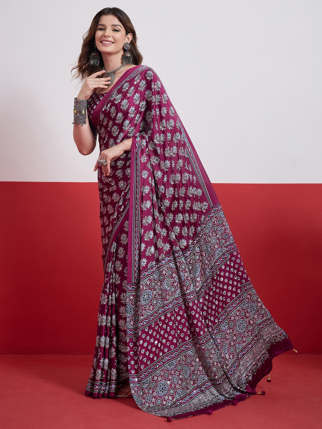 Peachmode Wine Semi Modal Saree with Mirror Work - Image 4