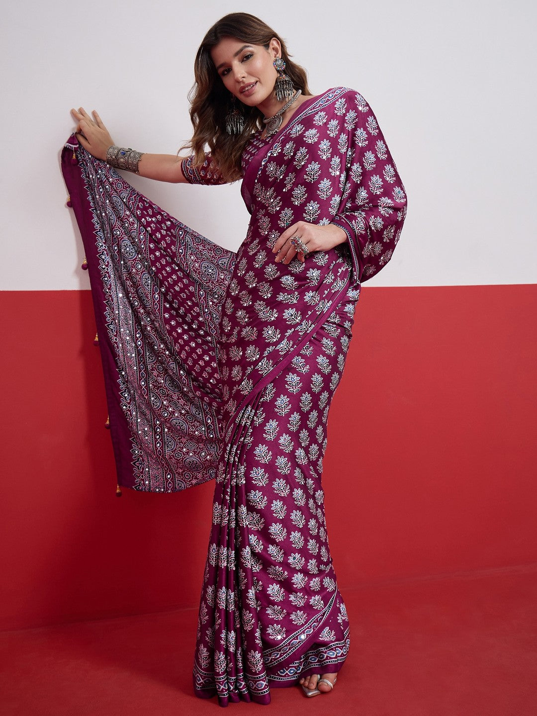Peachmode Wine Semi Modal Saree with Mirror Work - Image 5