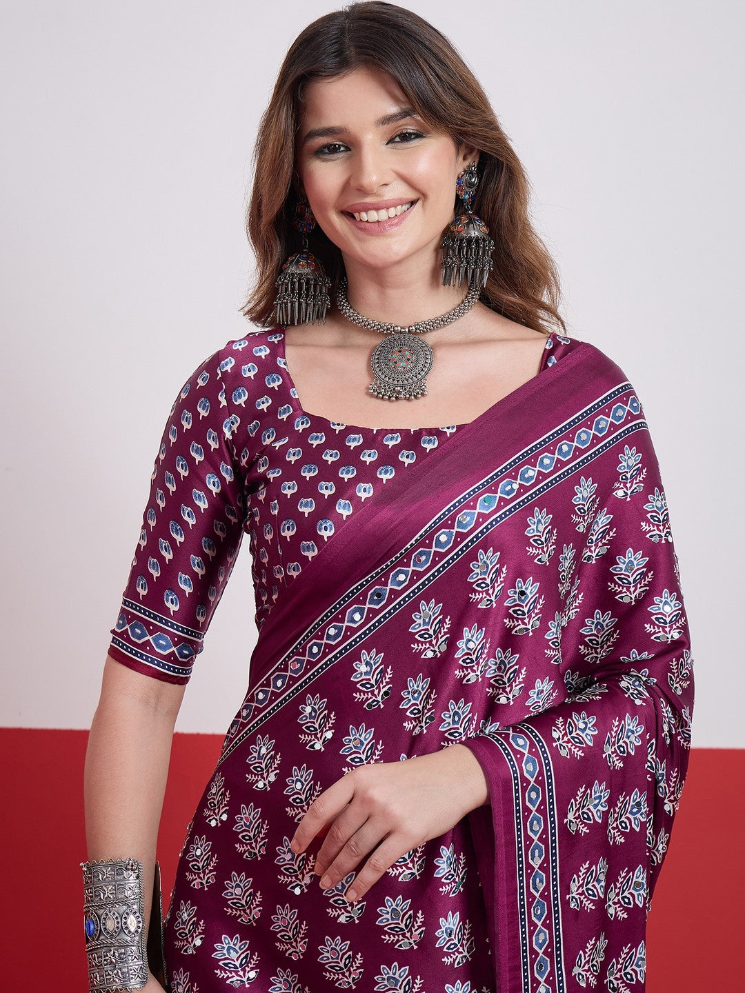 Peachmode Wine Semi Modal Saree with Mirror Work - Image 8