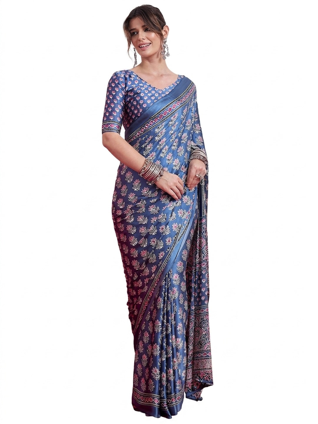 Peachmode Blue Semi Modal Saree with Mirror Work - Image 10