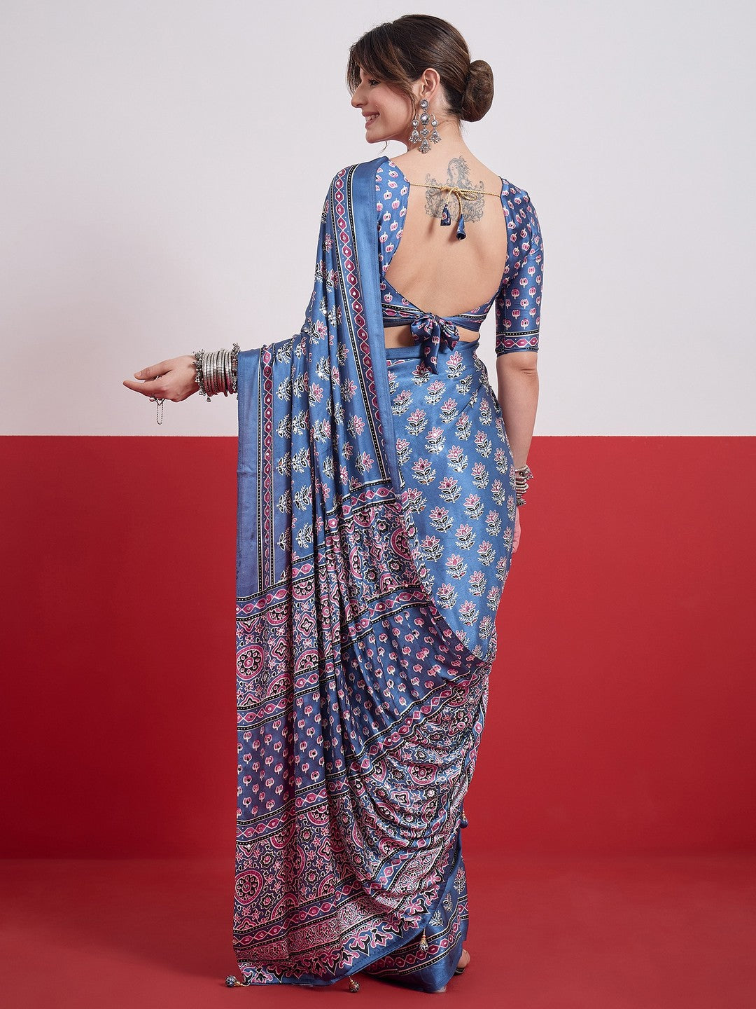 Peachmode Blue Semi Modal Saree with Mirror Work - Image 3
