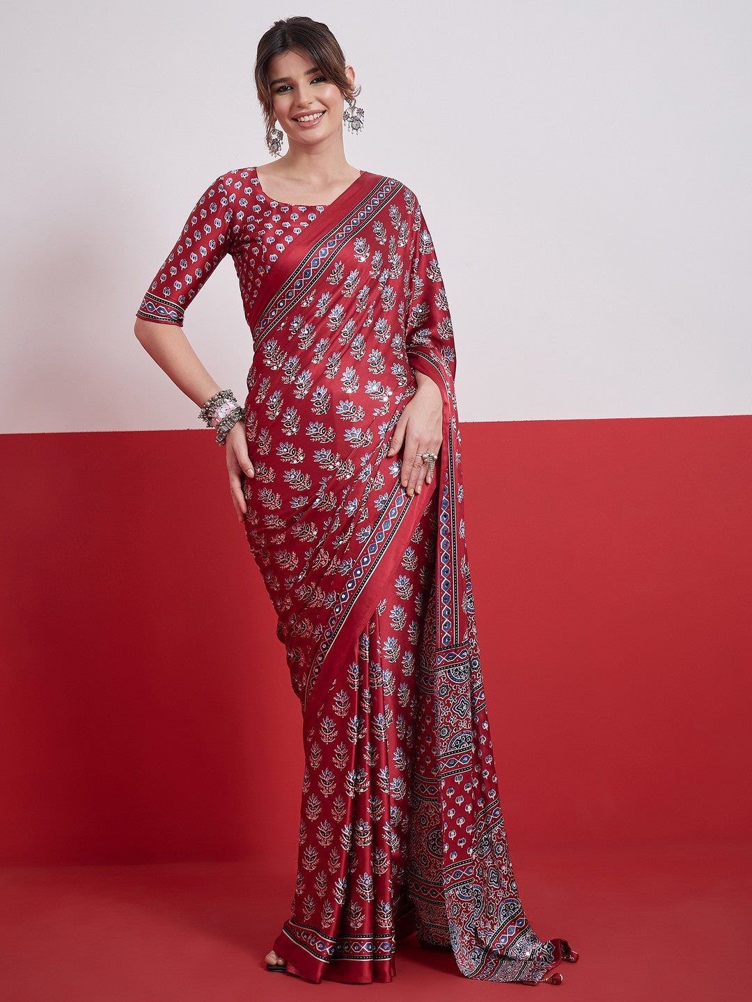 Peachmode Red Semi Modal Saree with Mirror Work - Image 1