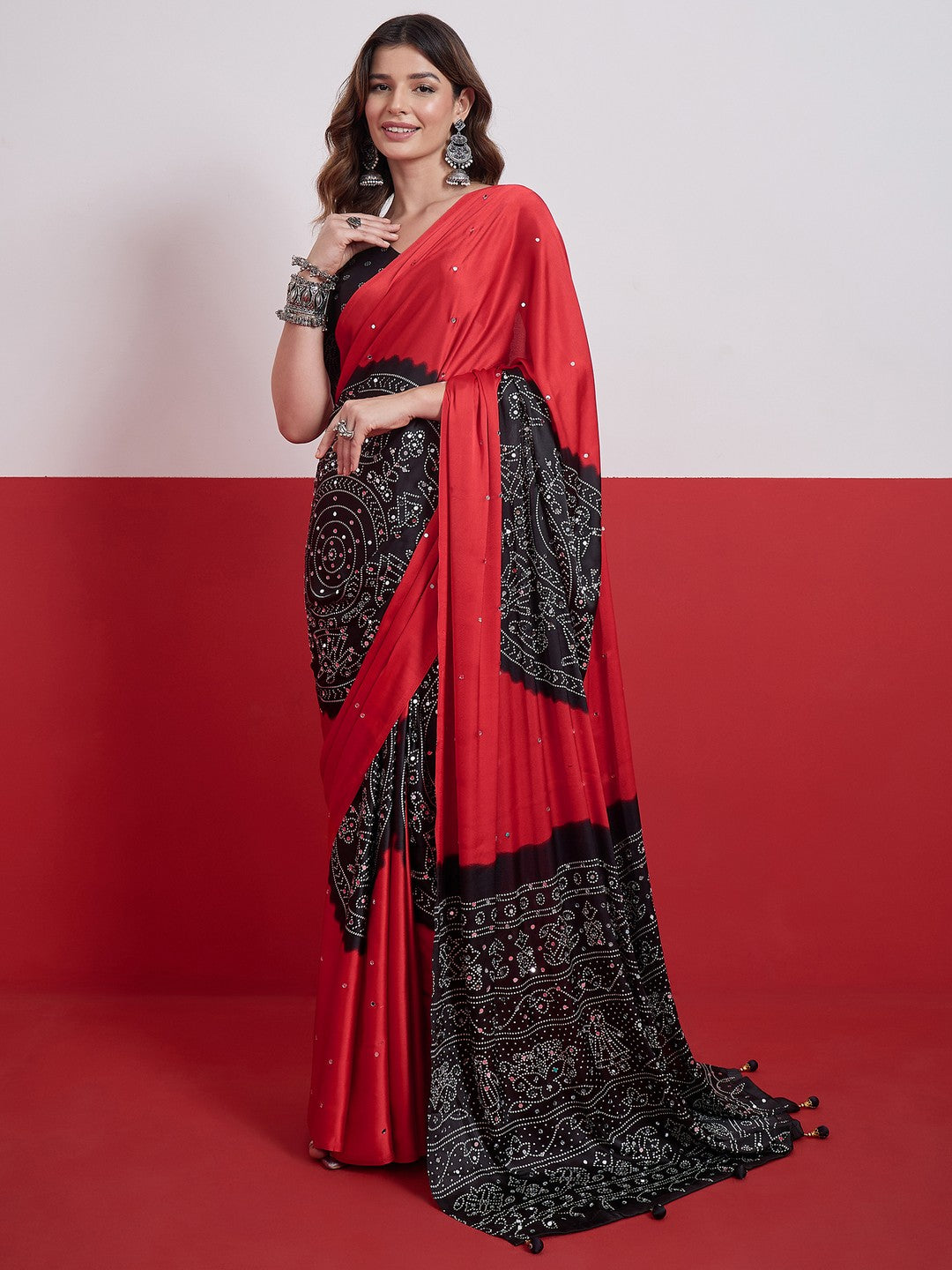 Peachmode Red Semi Modal Saree with Mirror Work - Image 1