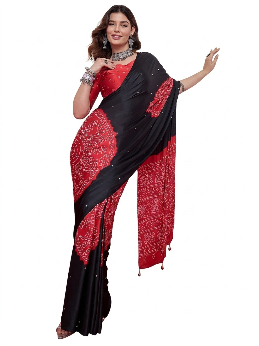Peachmode Black Semi Modal Saree with Mirror Work - Image 9
