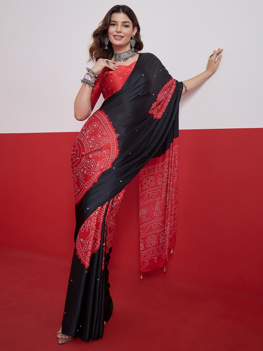 Peachmode Black Semi Modal Saree with Mirror Work - Image 1