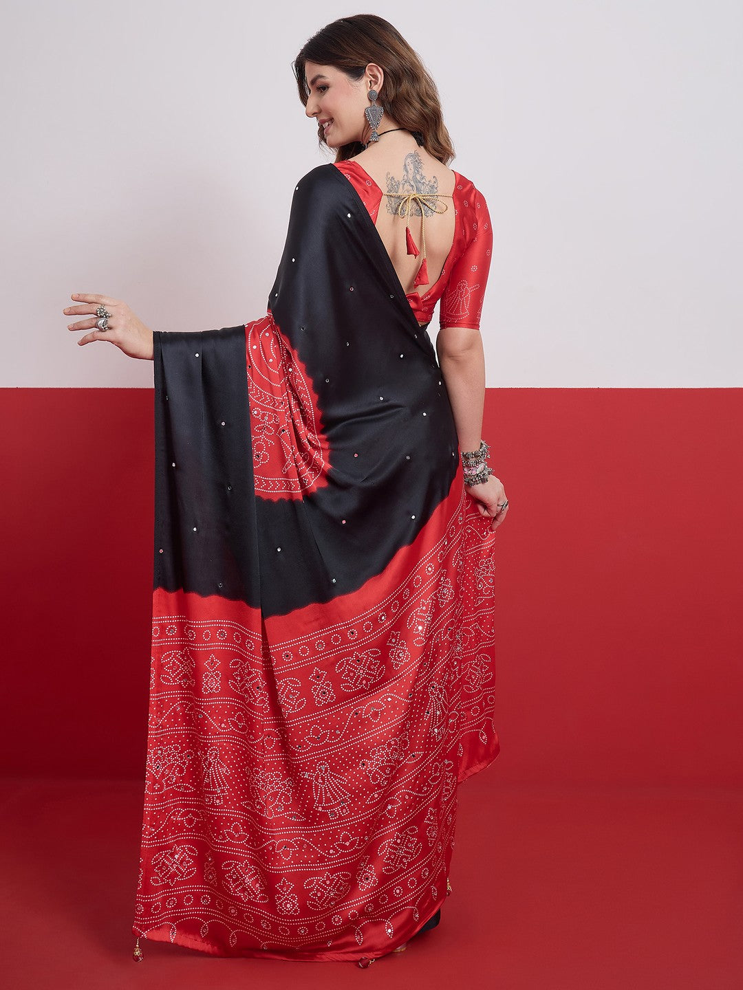 Peachmode Black Semi Modal Saree with Mirror Work - Image 3