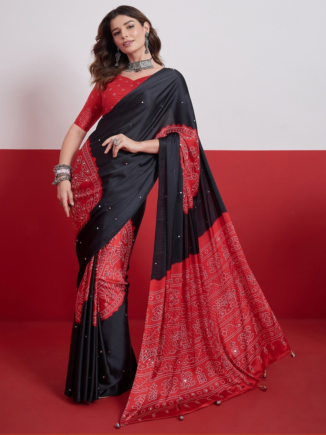 Peachmode Black Semi Modal Saree with Mirror Work - Image 5