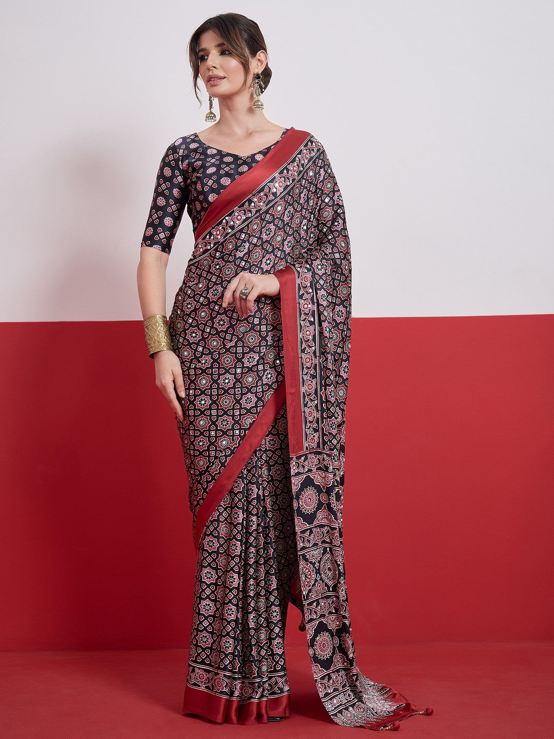 Peachmode Black Semi Modal Saree with Mirror Work - Image 1