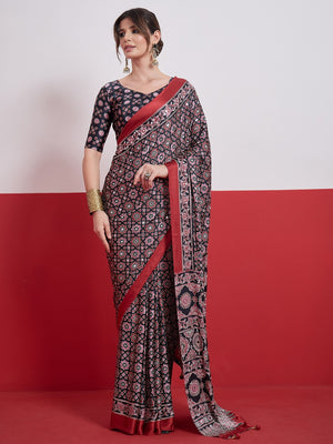 Peachmode Black Semi Modal Saree with Mirror Work - Image 1