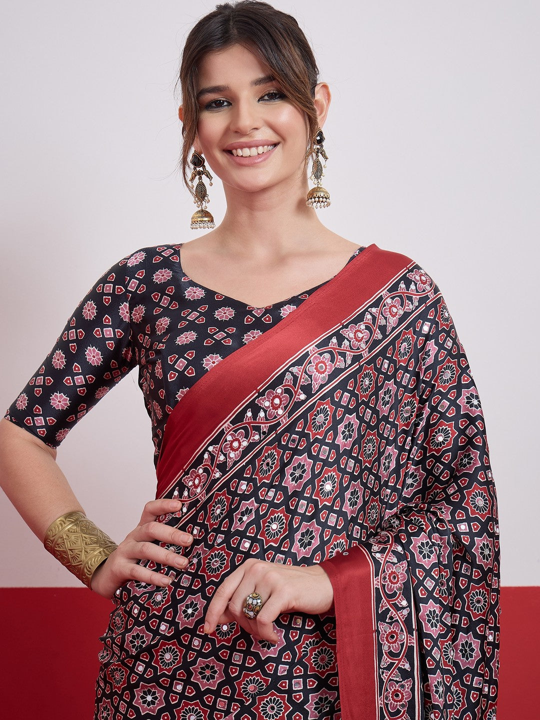Peachmode Black Semi Modal Saree with Mirror Work - Image 4