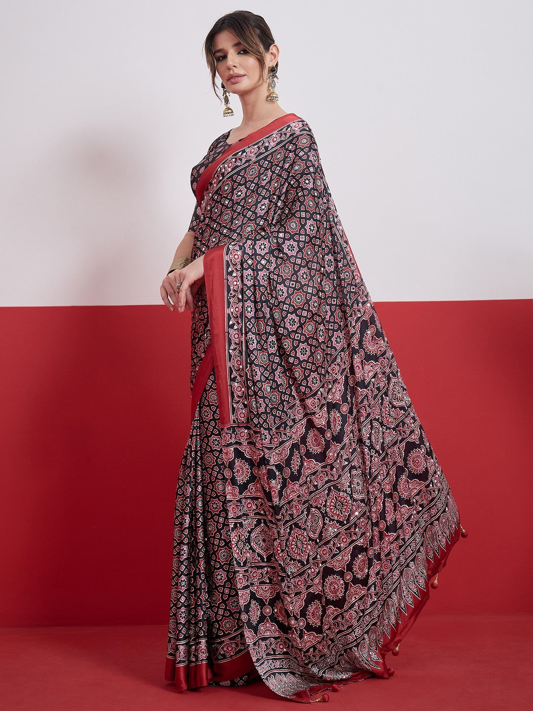 Peachmode Black Semi Modal Saree with Mirror Work - Image 5