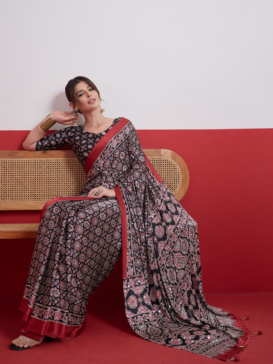 Peachmode Black Semi Modal Saree with Mirror Work - Image 7