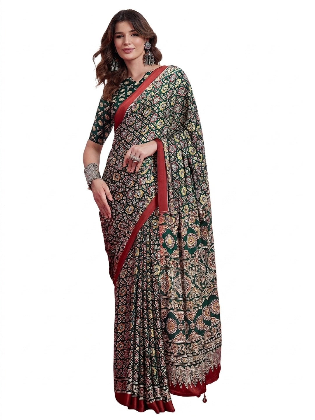 Peachmode Green Semi Modal Saree with Mirror Work - Image 9