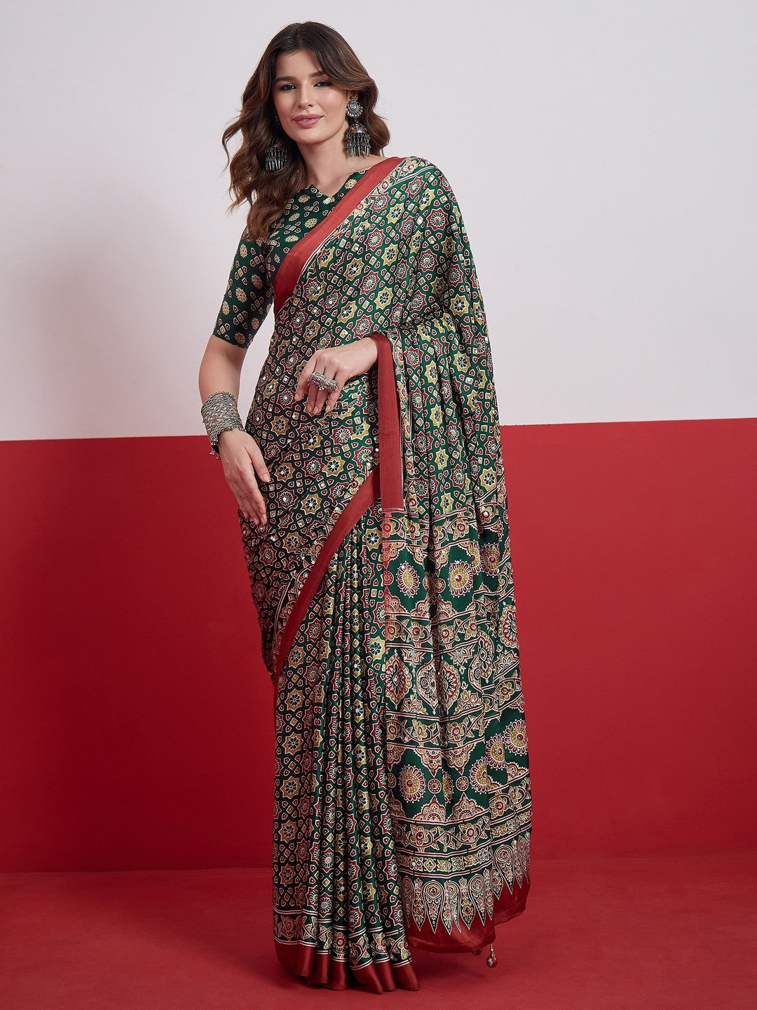 Peachmode Green Semi Modal Saree with Mirror Work - Image 1