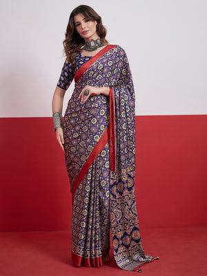 Peachmode Blue Semi Modal Saree with Mirror Work - Image 1