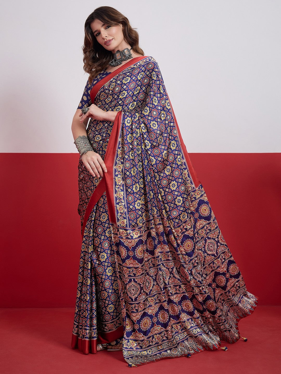 Peachmode Blue Semi Modal Saree with Mirror Work - Image 4